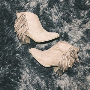 taupe fringe heeled booties